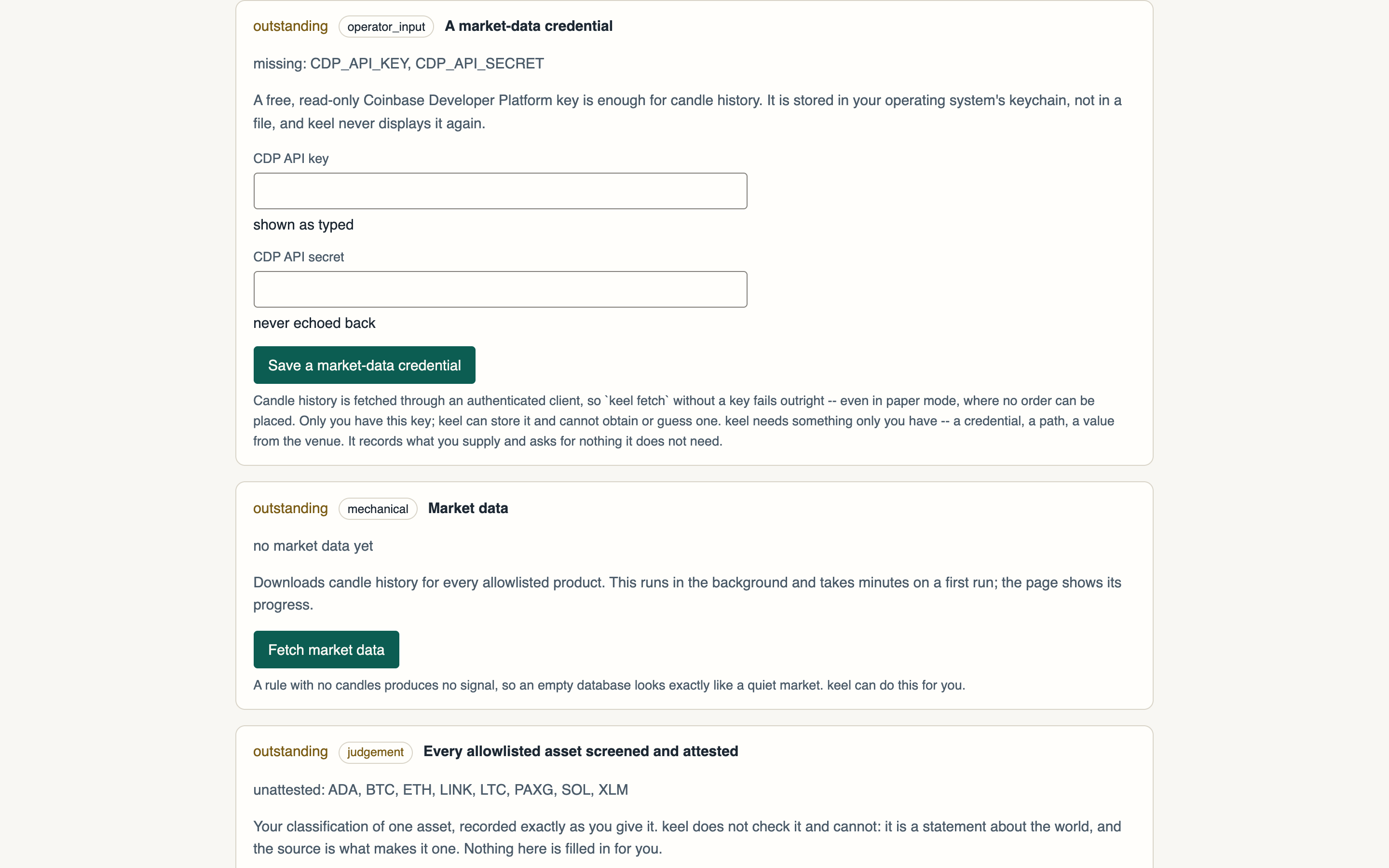 The Setup page's paper-stage checklist, scrolled to the two steps this guide touches: the credential step's Save a market-data credential form (key and secret, straight into the OS keychain), and the Market data step below it.