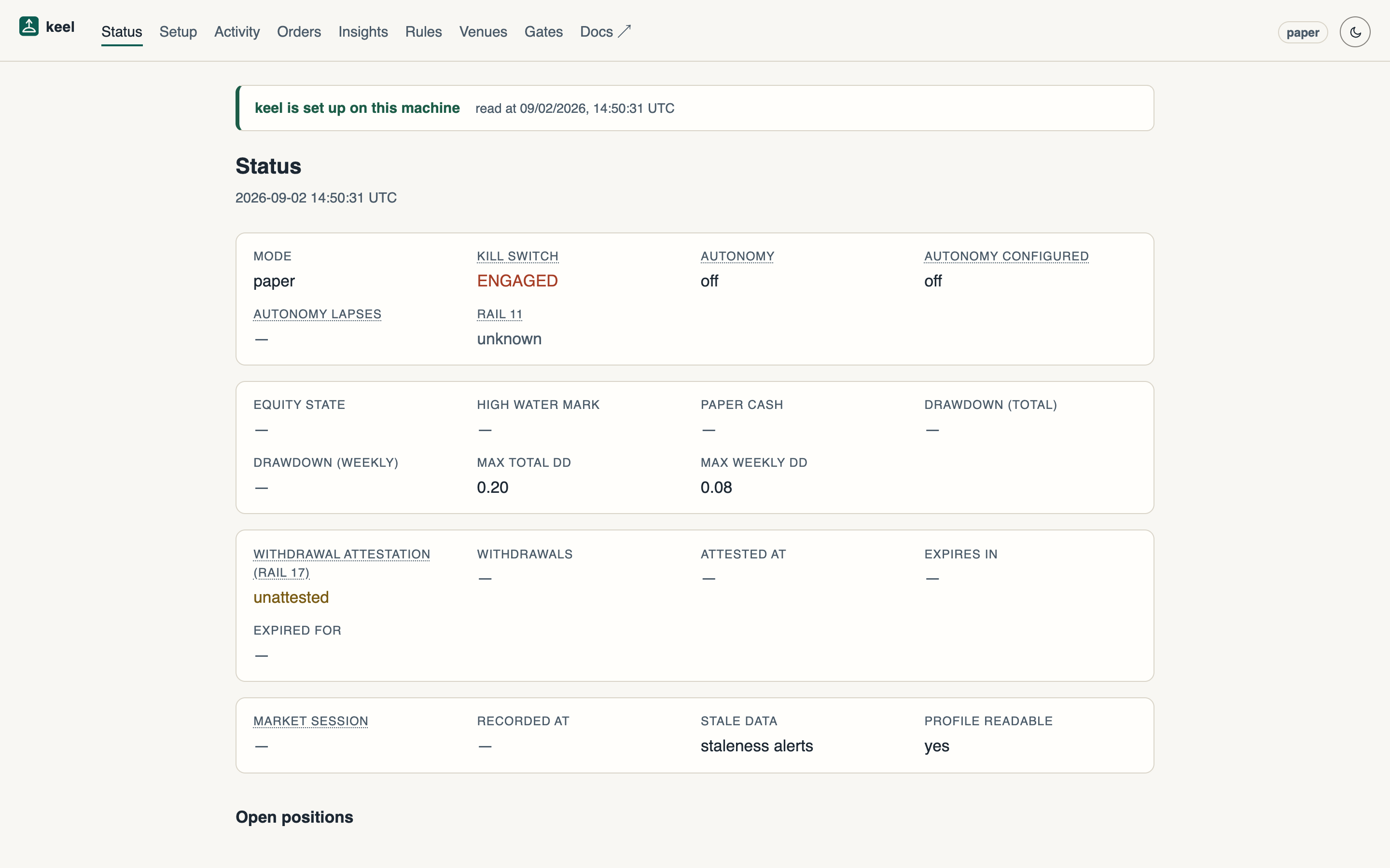 The console's Status view. The header carries thirteen views — Status, Setup, Activity, Orders, Positions, Balances, Timeline, Insights, Research, Rules, Venues, Gates, Plans — and this screenshot predates the six added since v0.13.2. The paper badge (top right) is the deployment's mode; the footer says it is served from this machine only.